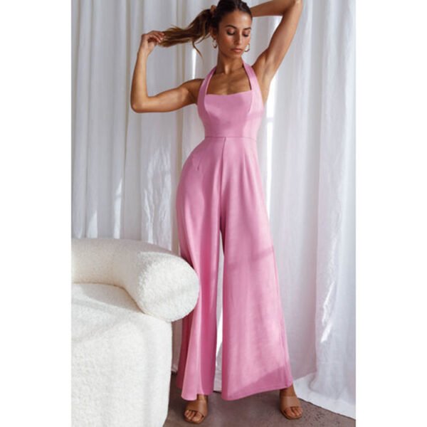 Women's Pure Color Halter Backless Wide Leg Leisure Jumpsuit - Image 4