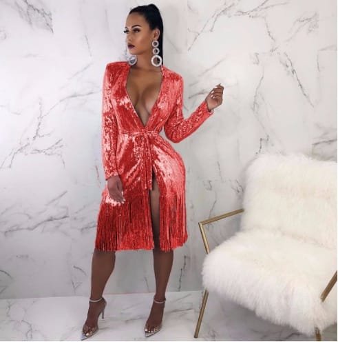 Deep V-neck Shiny Lace-up Long-sleeved Sexy Split Fringe Dress - Image 6