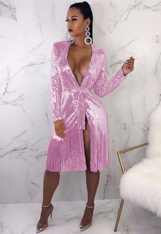 Deep V-neck Shiny Lace-up Long-sleeved Sexy Split Fringe Dress - Image 7