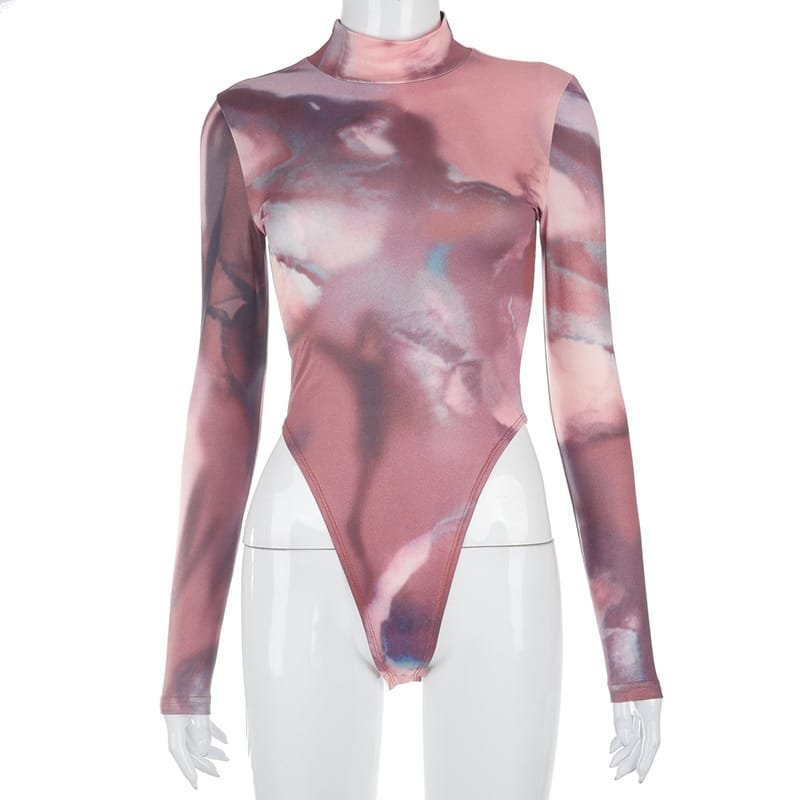 New Round Neck Pullover High-Fork Printing Long-Sleeved Slim Bottoming Bodysuit Women - Image 4
