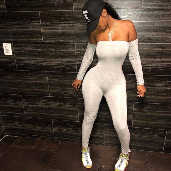 One-Word Leaky Shoulder Long-Sleeved Slim Fit Casual Jumpsuit - Image 4