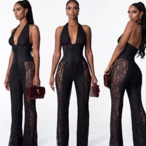 New Temperament Halter Black V-neck One-piece Trousers For Women