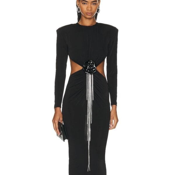 Sexy Backless Black Long Sleeve Hollow Flower Tassel Decoration Dress - Image 3