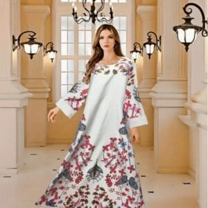 Elegant Floral Print Long Sleeve Abaya Dress