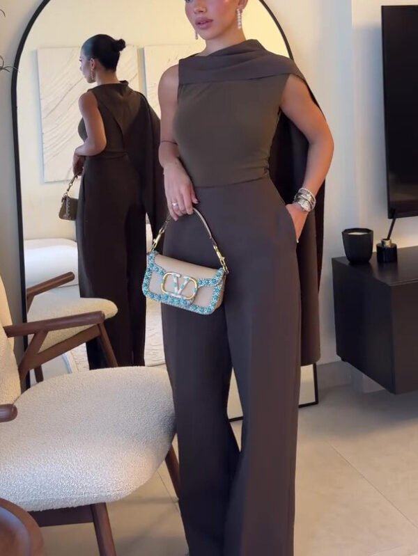 Brown Sleeveless Scarf Top& High Waist Pants Suit - Image 5