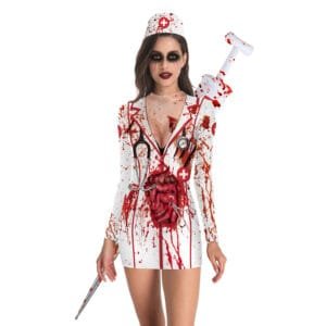 European And American Halloween Nurse Zombie Round Neck Slim Long Sleeve Dress