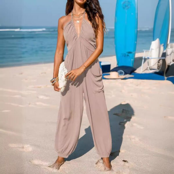 Back Lace-up Wide Leg Beam Foot Length Jumpsuit - Image 2