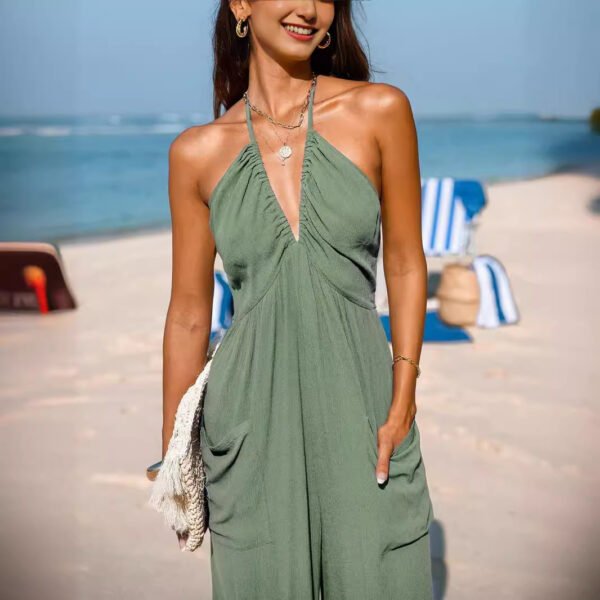 Back Lace-up Wide Leg Beam Foot Length Jumpsuit - Image 4
