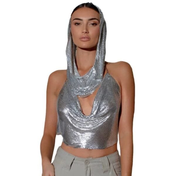 Back Slit Metal Sequins Top Scarf Two-piece Set - Image 5