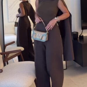 Brown Sleeveless Scarf Top& High Waist Pants Suit