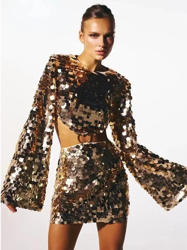 Sweet And Spicy Women's Long Sleeve Round Neck Sexy Large Sequined Evening Dress - Image 6
