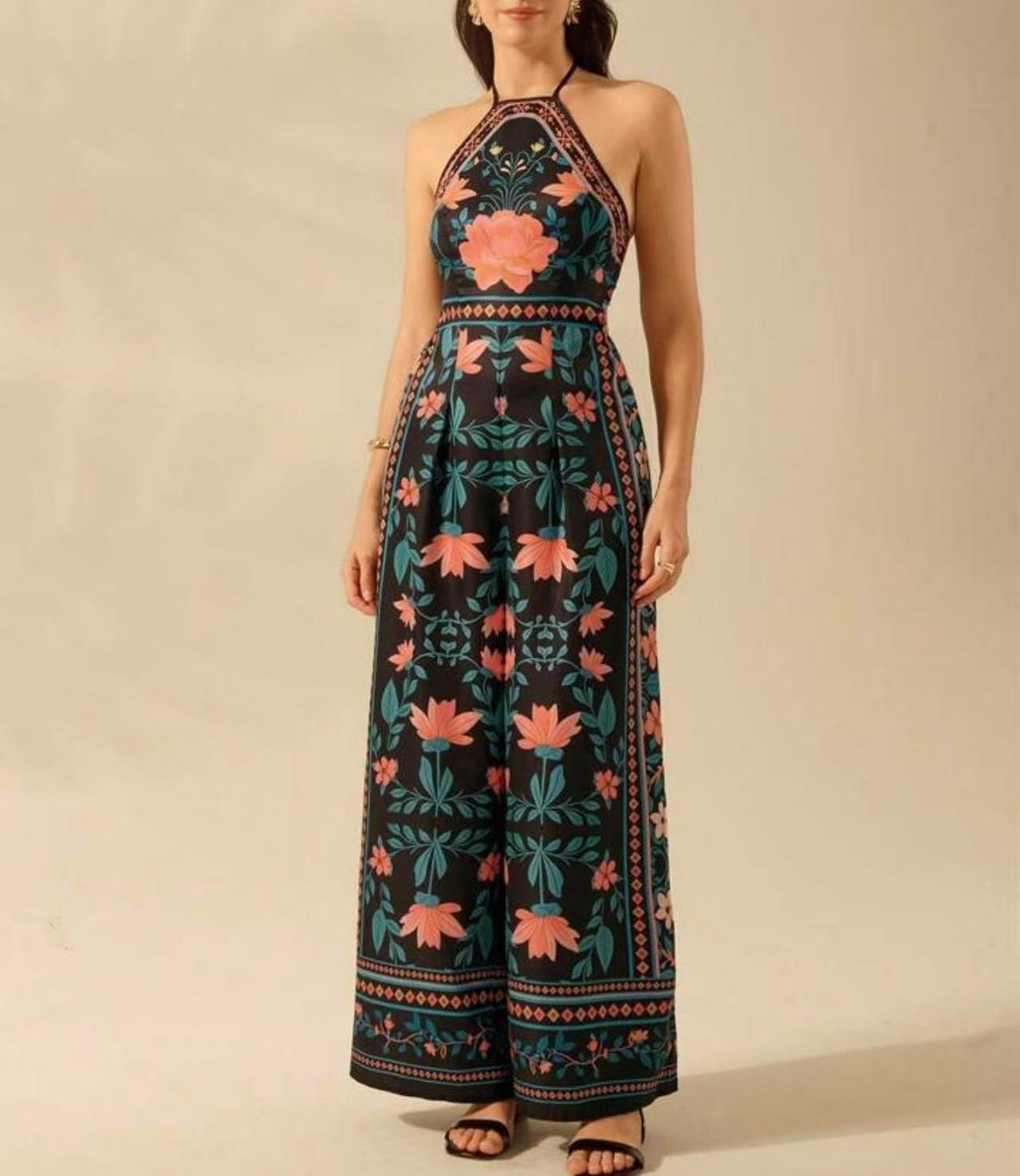 Women's Fashion Printed Sleeveless Halter Wide Leg Jumpsuit - Image 9