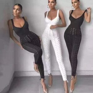 High Waist Sleeveless Deep V Sexy Bandage Jumpsuit Stretch