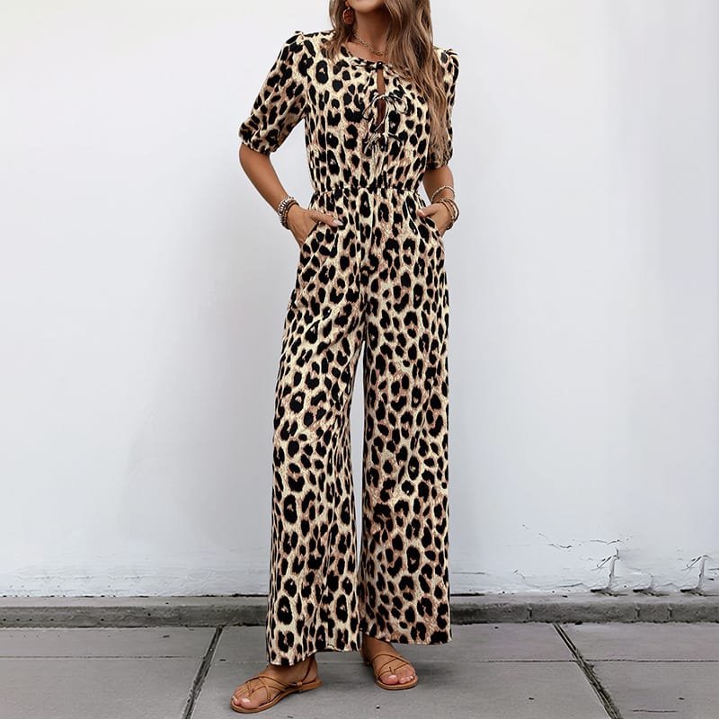 European And American Jumpsuit Tied High Waist Leopard Print One-piece Trousers - Image 3