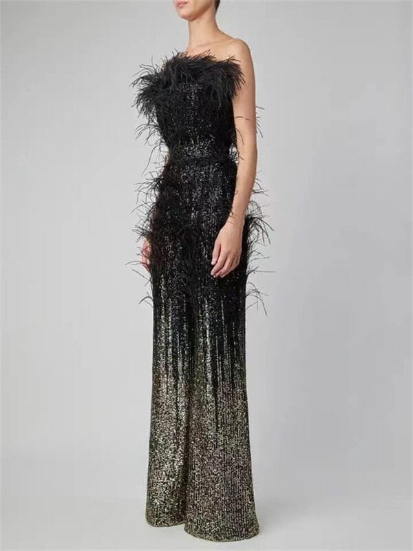 Ostrich Feather Gradient Sequin Tube Top Jumpsuit - Image 2