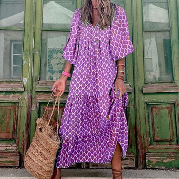 Summer Women's Vintage Printed Bohemian Dress Elegant Ladies Casual Loose V-Neck Short Sleeve Long Dresses - Image 9