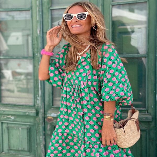 Summer Women's Vintage Printed Bohemian Dress Elegant Ladies Casual Loose V-Neck Short Sleeve Long Dresses - Image 7