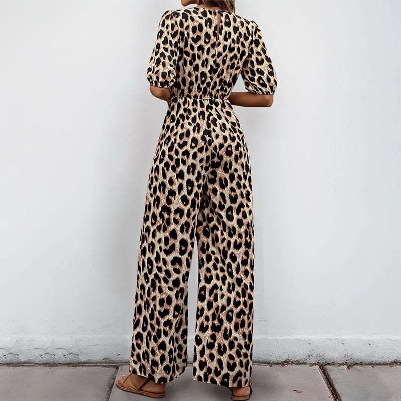 European And American Jumpsuit Tied High Waist Leopard Print One-piece Trousers - Image 4
