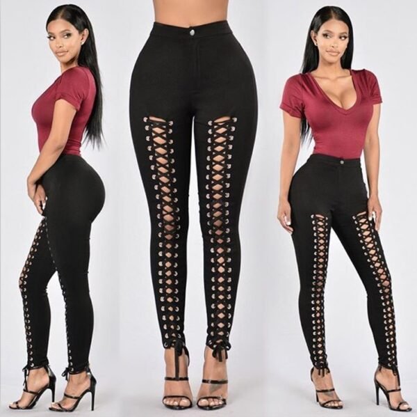 Sexy Solid Color Double-rowed Eyelet Slim Leggings - Image 3