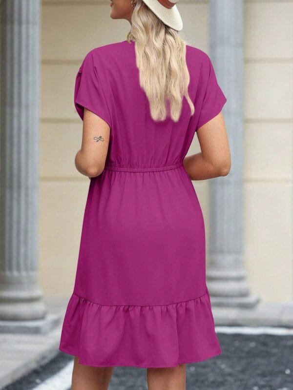 Womens Summer Dresses Short Sleeve V Neck Drawstring Casual Flowy Ruffle A-Line Swing Mini Babydoll Tunic Dress - Image 4