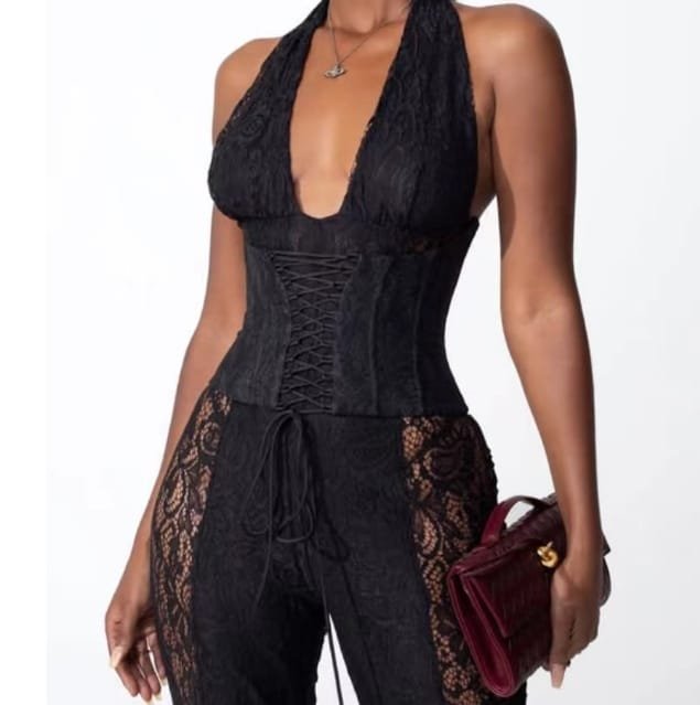 New Temperament Halter Black V-neck One-piece Trousers For Women - Image 2