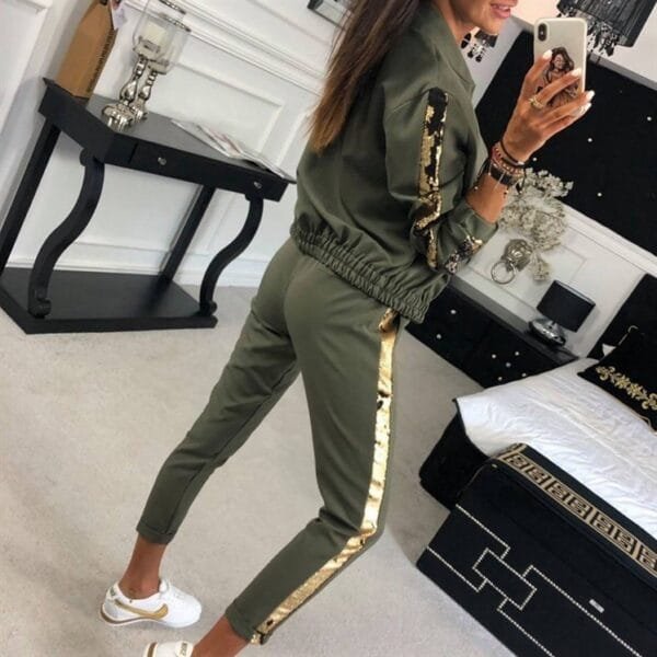 9536 European And American AliExpress Autumn Fashion Casual Sequin Splicing Coat Trousers Sports Suit For Women - Image 2