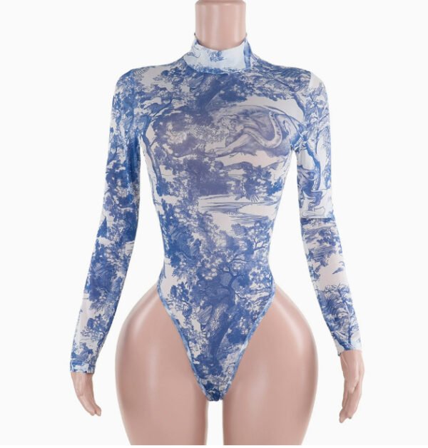 Painted Print Mesh Long Sleeve Jumpsuit Slim Fit - Image 6