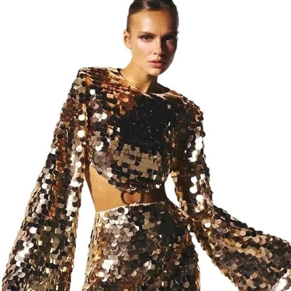 Sweet And Spicy Women's Long Sleeve Round Neck Sexy Large Sequined Evening Dress - Image 5