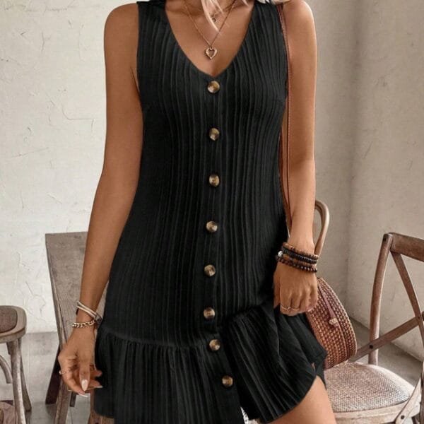 Women's Summer Sleeveless Ruffle Decor Casual Dress With Front Button