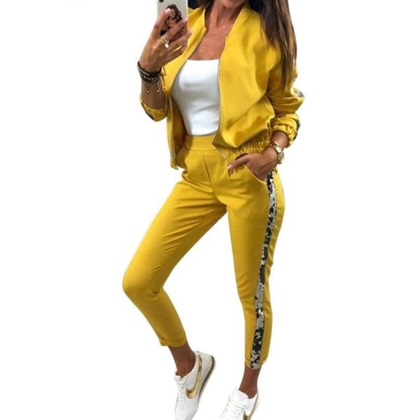 9536 European And American AliExpress Autumn Fashion Casual Sequin Splicing Coat Trousers Sports Suit For Women - Image 3
