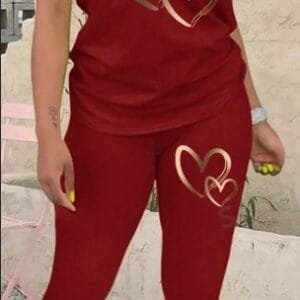 Women's Heart Printed Short Sleeve T-Shirt And Leggings Set