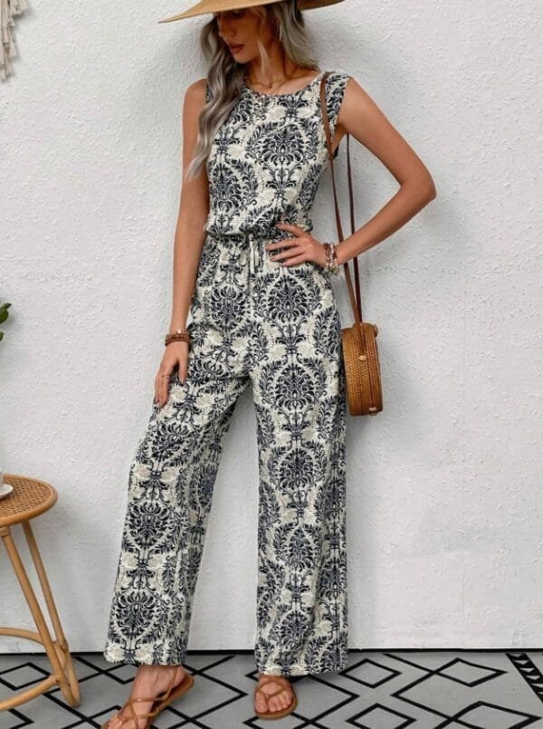 Printed Waist Cinching Casual Straight Leg Pants Set - Image 2