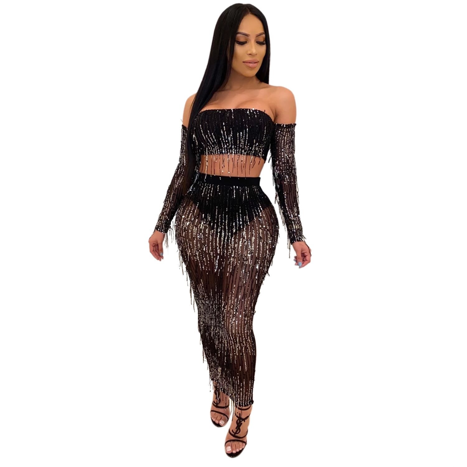 Fashion Sexy See-through Mesh Sequins Tassel Two-piece Set - Image 10