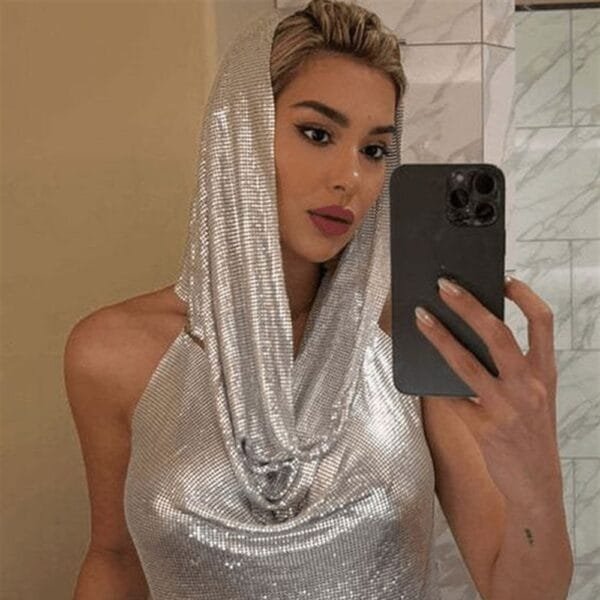 Back Slit Metal Sequins Top Scarf Two-piece Set - Image 2