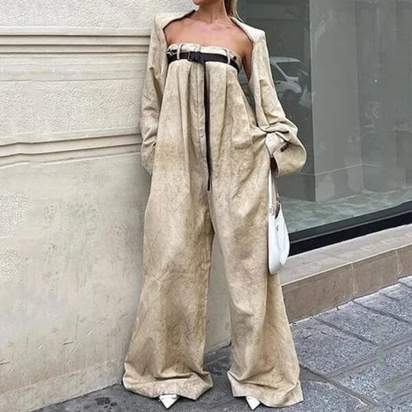 Women's Summer Fashion Raglan Collar Waist Solid Color Wide Leg Jumpsuit - Image 3