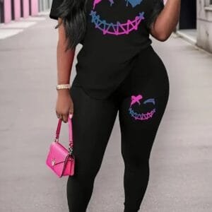 Women's  Printed Round Neck T-Shirt And Leggings Set