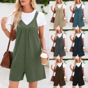 Women's Solid Color V-neck Brace Jumpsuit