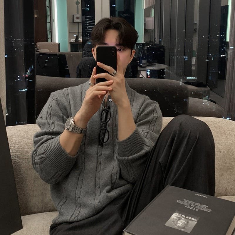 Winter Warm Lapel Sweater Men's Korean Style Handsome High Sense