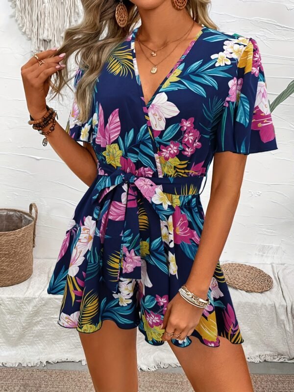 Beach Vacation Ruffle Sleeve Short Culottes Printed Jumpsuit - Image 9