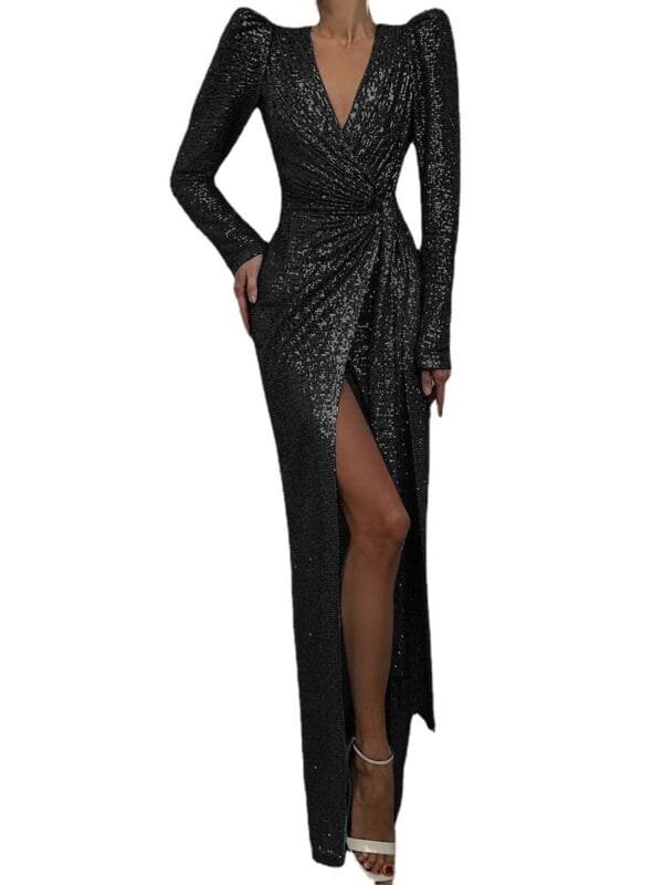 Sequined Slit Tail Banquet Dress Evening Gown - Image 2