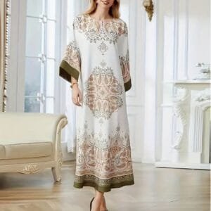 Elegant Floral Print Long Sleeve Abaya Dress