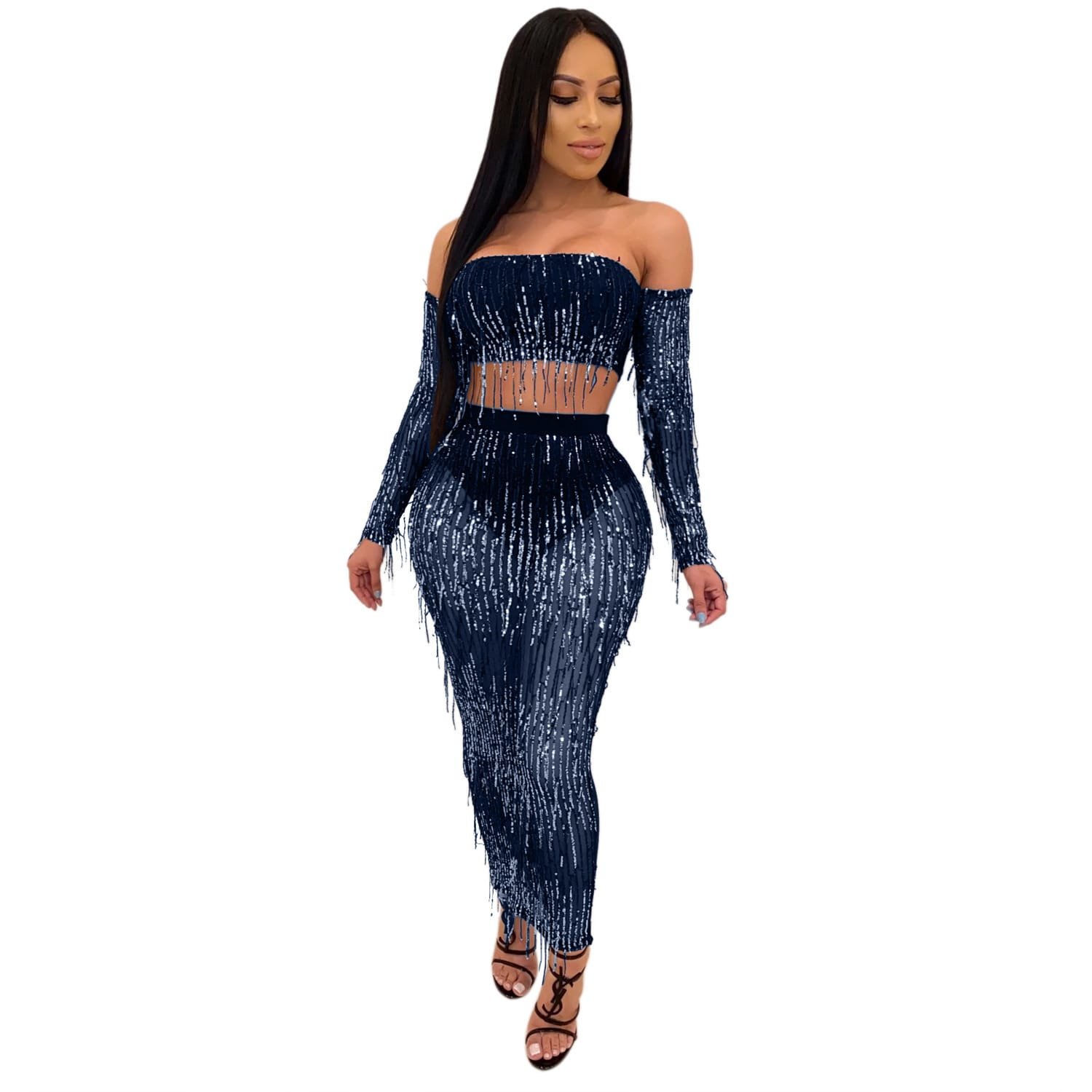 Fashion Sexy See-through Mesh Sequins Tassel Two-piece Set - Image 6
