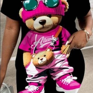 Casual Printed Cute Bear Pattern 2pcs Set For Women, Suitable For Summer