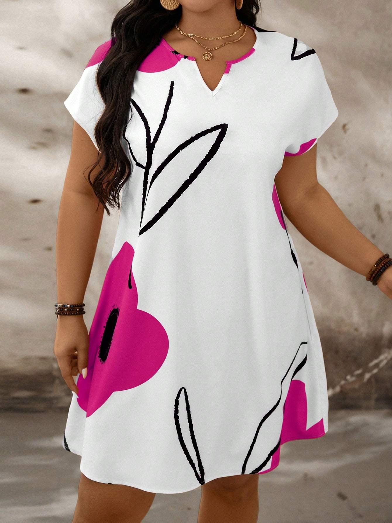 Plus Size Floral Print Notch Neck Batwing Sleeve Summer Dress - Image 3