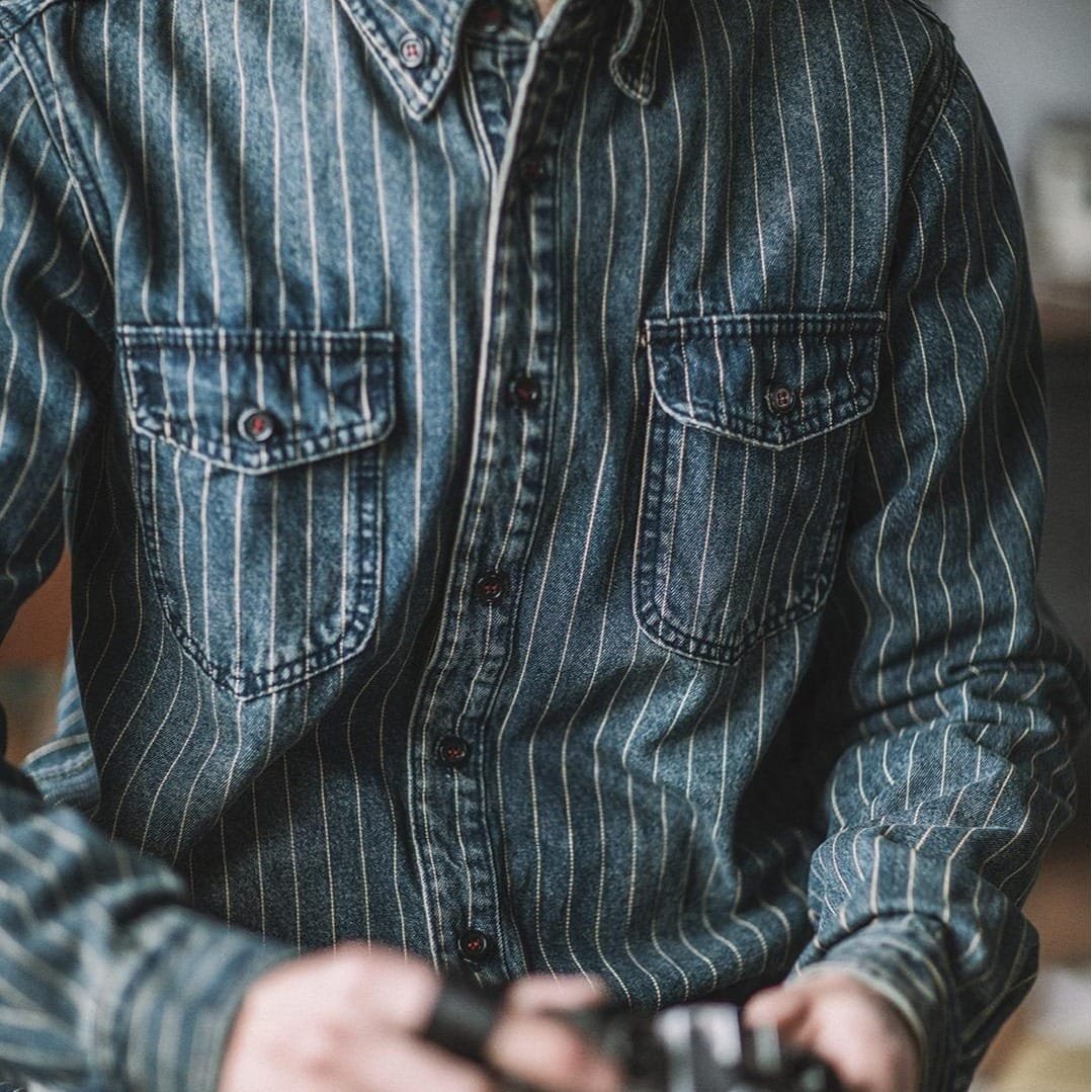 Vintage Vertical Stripes Denim Shirt Workwear Washed Old Long Sleeve Men - Image 3