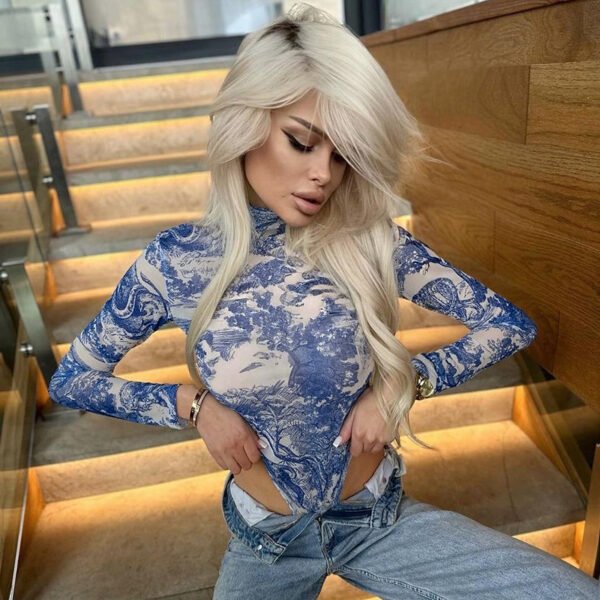 Painted Print Mesh Long Sleeve Jumpsuit Slim Fit - Image 2