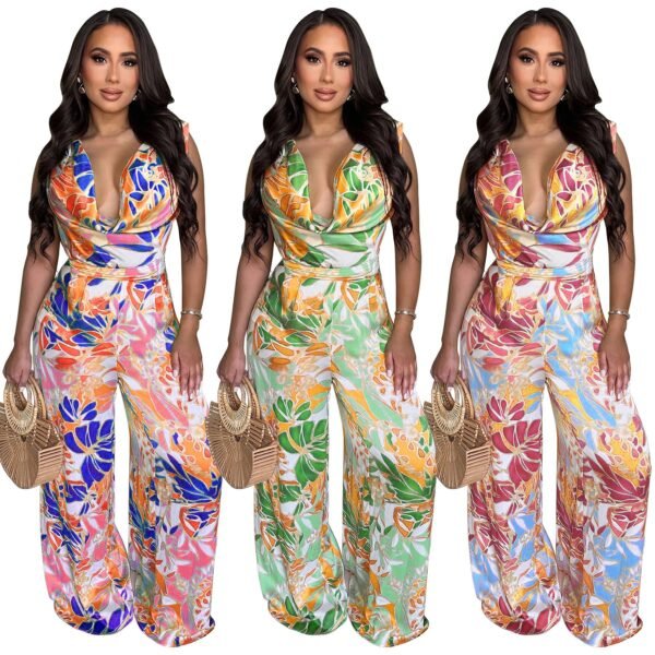 Women's Sleeveless Lace-up Wide-leg Printed Jumpsuit - Image 2