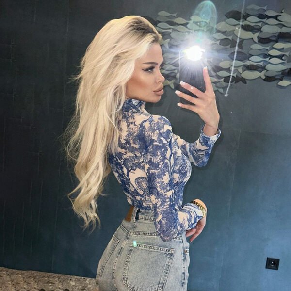 Painted Print Mesh Long Sleeve Jumpsuit Slim Fit - Image 4