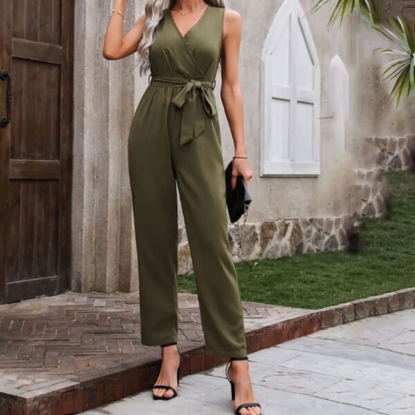 Elegant Commuter Sleeveless Cross Collar Waistline Lace-up Jumpsuit - Image 2