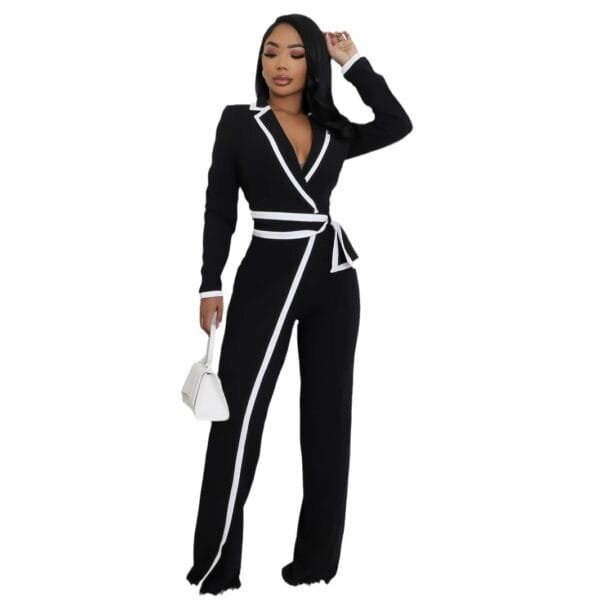 Fashion Belt Design Dual-color Patchwork Long Sleeve Jumpsuit - Image 5